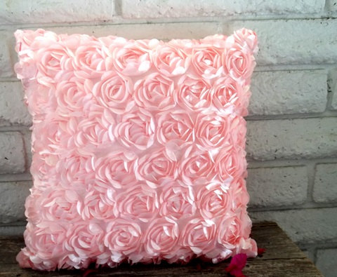 The Elizabeth - 18 X 18 Pillow Cover - Beautiful Pink Satin Ribbon Roses