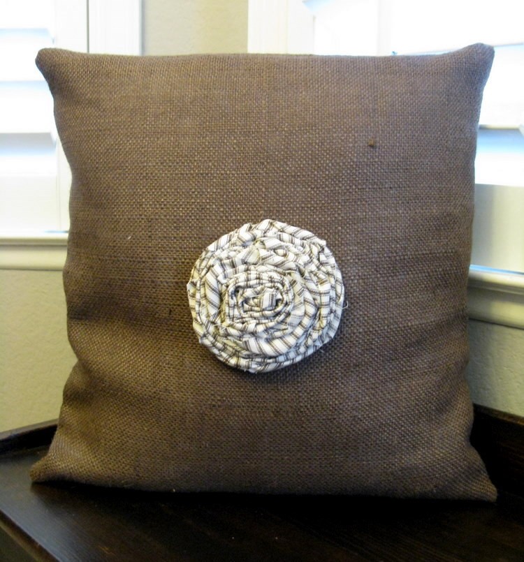 The Christina - 18 X 18 Dark Brown Burlap Pillow Cover With Brown Ticking Rosette Embellishment